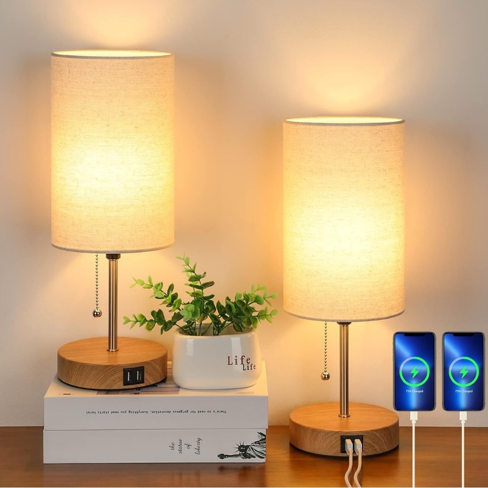 New! Modern Beige Table Lamps (2 pack) with USB Charging Ports